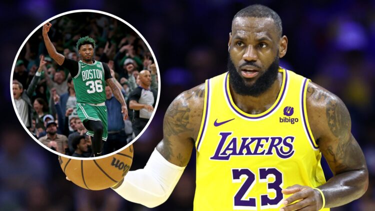 LeBron James (right) of the LA Lakers and Marcus Smart (left) playing for the Boston Celtics