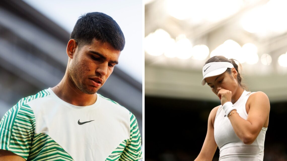 Emma Raducanu at Wimbledon in 2024 and Carlos Alcaraz playing Roland Garros in 2023