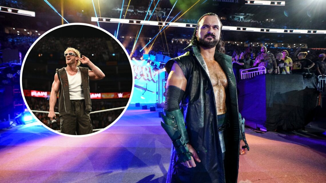 Drew McIntyre at WWE SummerSlam 2024 with an inset of Logan Paul