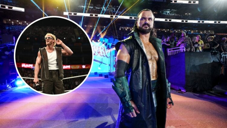 Drew McIntyre at WWE SummerSlam 2024 with an inset of Logan Paul