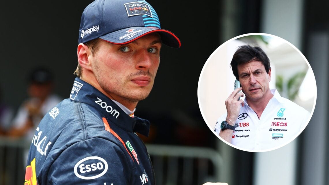Max Verstappen (left) looks on in Parc Ferme, and Toto Wolff (right) on the phone.
