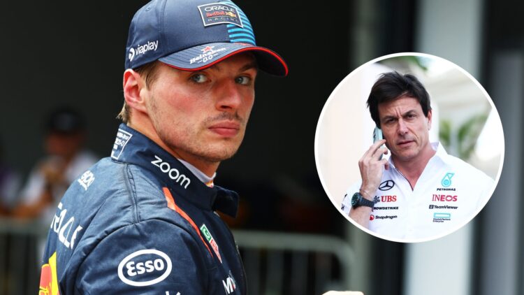 Max Verstappen (left) looks on in Parc Ferme, and Toto Wolff (right) on the phone.