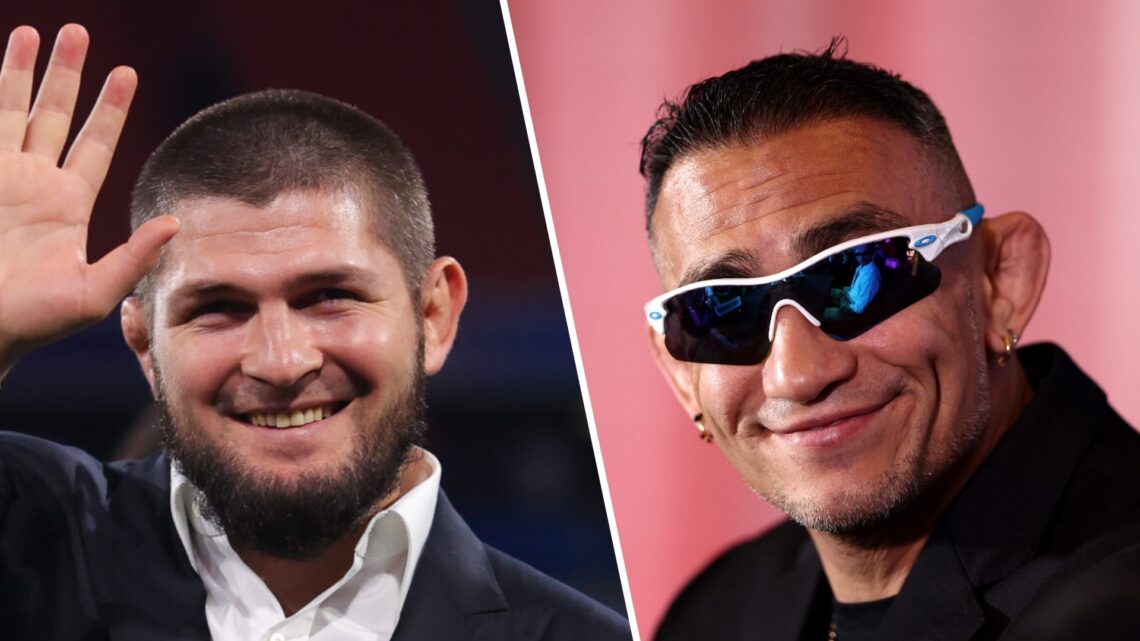 Tony Ferguson (right) speaks to the media ahead of his MFB Interim Middleweight Title fight, Khabib Nurmagomedov (left) attends UEFA Champions Leag...