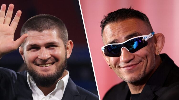 Tony Ferguson (right) speaks to the media ahead of his MFB Interim Middleweight Title fight, Khabib Nurmagomedov (left) attends UEFA Champions Leag...