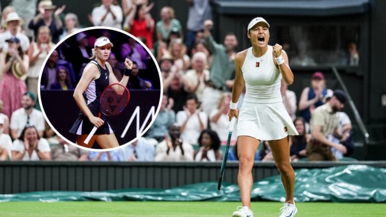Emma Raducanu celebrating a point at Wimbledon 2025 with an inset of Elena Rybakina