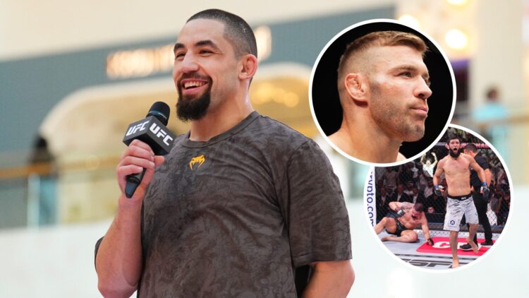 Robert Whittaker (left) works out for fans and media, Khamzat Chimaev (bottom right) finishes Robert Whittaker, Dricus Du Plessis (bottom left) wal...