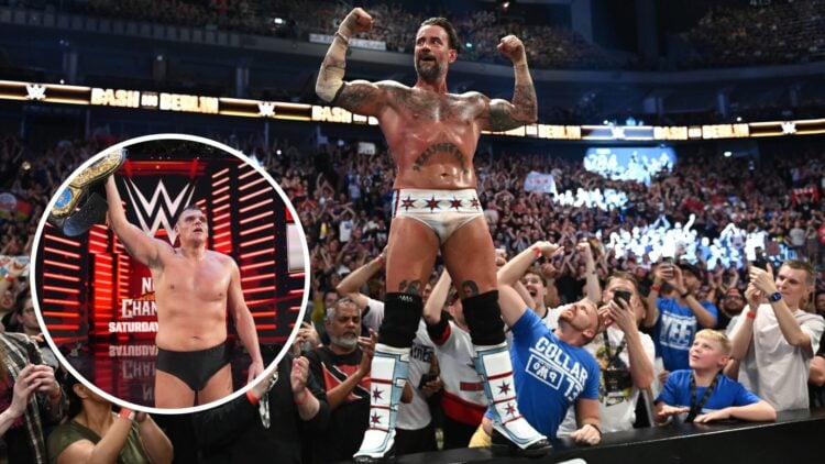 CM Punk flexing his muscles after defeating Drew McIntyre at Bash in Berlin with an inset of Gunther