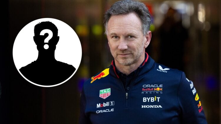 Christian Horner (right) leaving the Red Bull garage, and a mystery person (left)