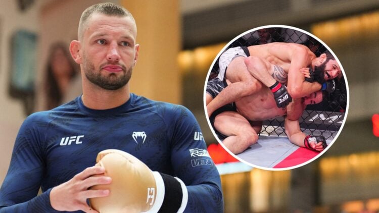 Reinier de Ridder (left) at the open workout for the Robert Whittaker fight, Khamzat Chimaev (right) of Russia secures a submission against Robert ...