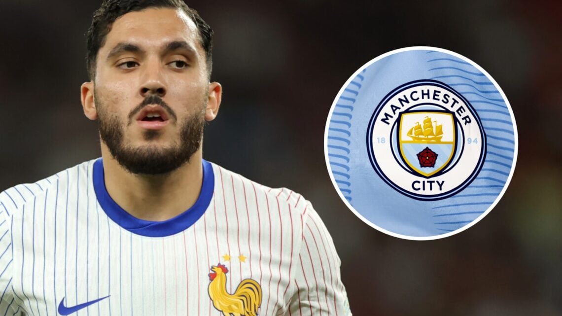 Rayan Cherki of France and a Manchester City badge overlay