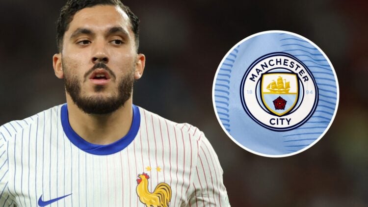 Rayan Cherki of France and a Manchester City badge overlay