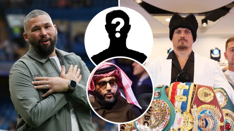 Tony Bellew (left) of World XI reacts prior to Soccer Aid for UNICEF, Oleksandr Usyk (right) poses with belts, Turki Alalshikh (middle) attends Bet...