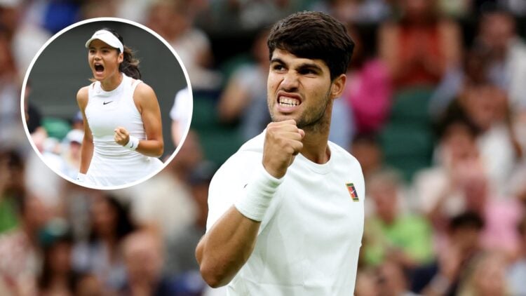 Carlos Alcaraz and Emma Raducanu celebrating points at Wimbledon 2025