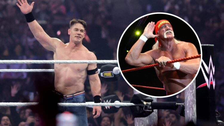 John Cena at WrestleMania 41 with an inset of WWE legend Hulk Hogan