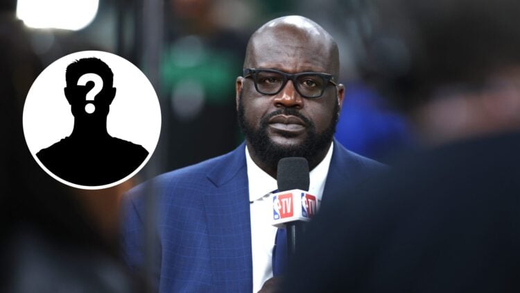 Shaquille O'Neal (right) speaking on NBA TV, and a mystery person (left)