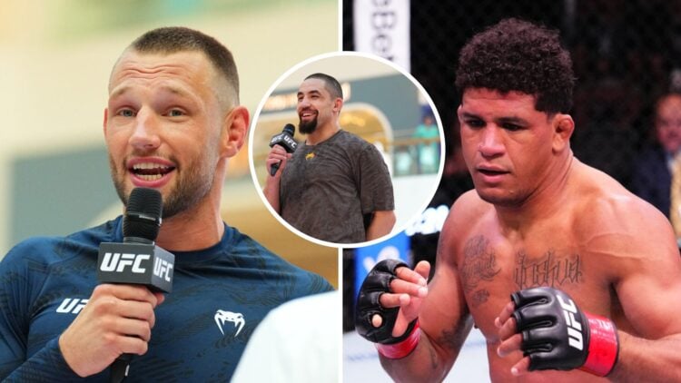 Reinier de Ridder (left) works out for fans and media, Robert Whittaker (middle) works out for fans and media, Gilbert Burns (right) fights in cage.