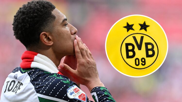 Jobe Bellingham of Sunderland holds hands to his head and a Borussia Dortmund overlay