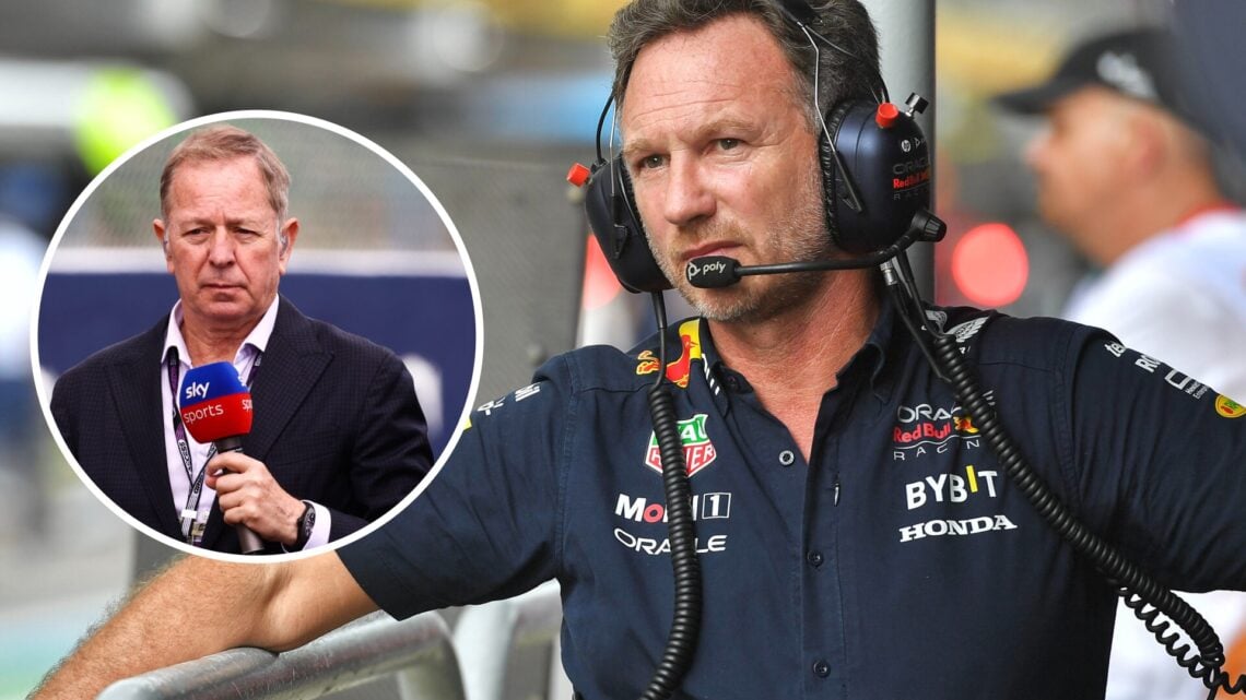 Martin Brundle (left) of Sky Sports and Christian Horner (right) on the pit wall for Red Bull Racing