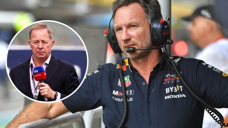 Martin Brundle (left) of Sky Sports and Christian Horner (right) on the pit wall for Red Bull Racing