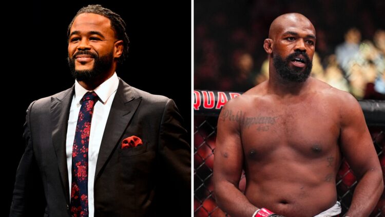 Rashad Evans (left) is inducted into the UFC Hall of Fame, Jon Jones (right) in the octagon for Stipe Miocic fight