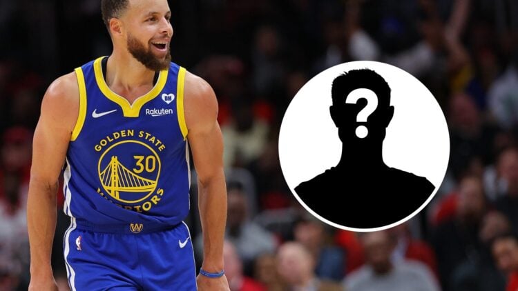 Steph Curry (left) celebrating, and mystery person (right)
