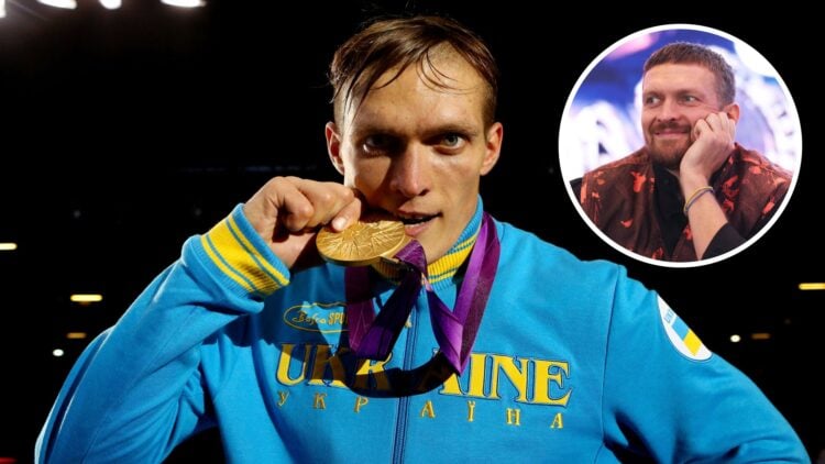 Oleksandr Usyk (right) looks on during a press conference, Oleksandr Usyk (middle) bites Olympic gold medal