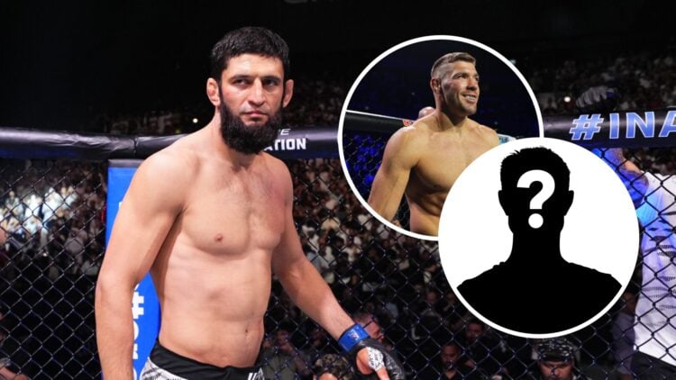 Khamzat Chimaev (left) of Russia prepares to face Robert Whittaker, Dricus Du Plessis (top left) in the cage for Sean Strickland fight