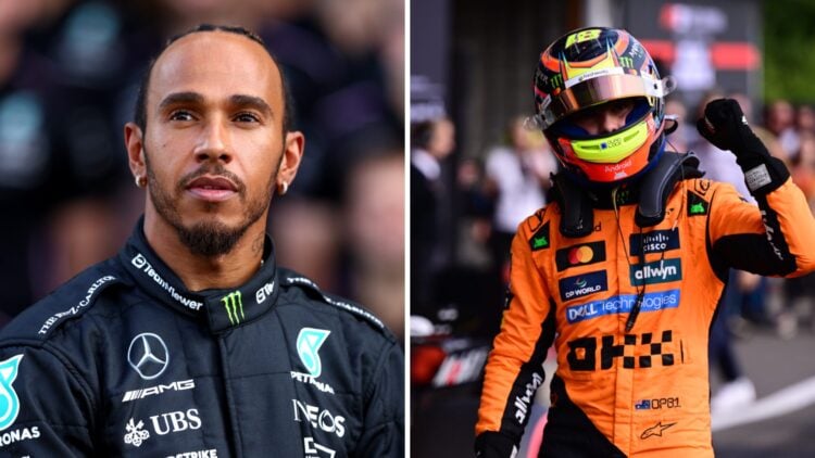 Lewis Hamilton (left) of Mercedes, and Oscar Piastri (right) of McLaren