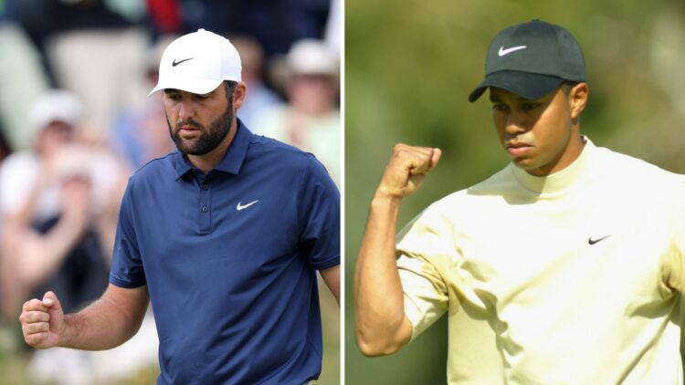 Scottie Scheffler (left) fist pumping and Tiger Woods (right) fist pumping