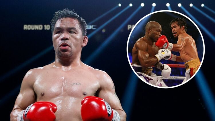 Manny Pacquiao (left) heads to ring for Mario Barrios fight, Manny Pacquiao (right) lands a left to the chin of Timothy Bradley Jr.