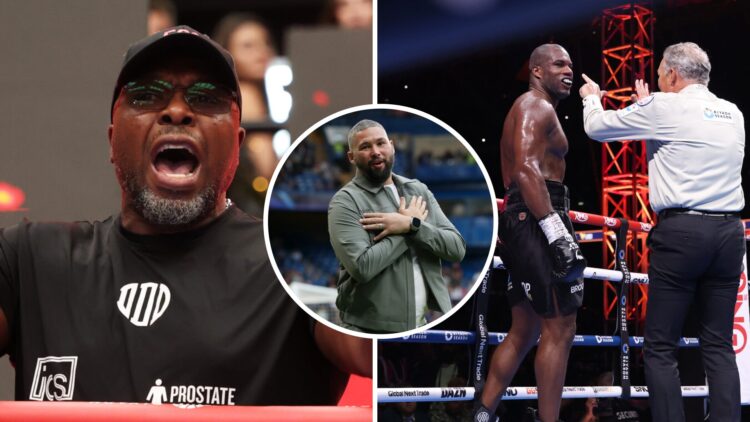 Don Charles (left) trainer of Daniel Dubois, reacts during the 'Undisputed' media workout, Tony Bellew (middle) at Soccer Aid, Daneil Dubois (right...