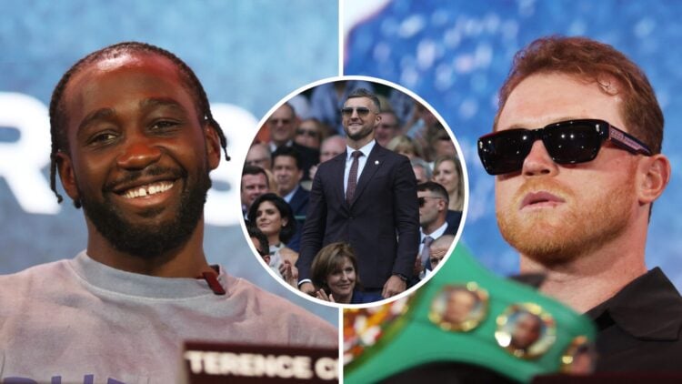 Canelo Álvarez (right) attends the Canelo Álvarez vs. Terence Crawford Press Conference, Terence Crawford (left) attends the Canelo Álvarez vs. Ter...