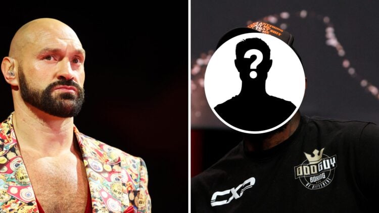 Tyson Fury is interviewed by DAZN, Malik Scott attends the press conference for Tyson Fury vs Deontay Wilder, mystery figure covering Scott's face