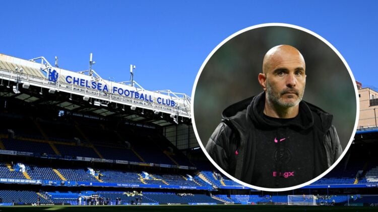 Enzo Maresca manages Chelsea vs Real Betis (right), a picture of Stamford Bridge home of Chelsea FC (left)