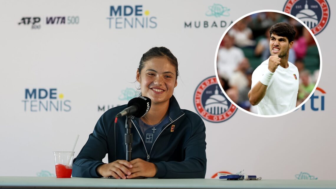 Emma Raducanu speaking to the press at the Washington Open with inset of Carlos Alcaraz