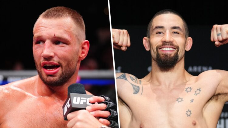 Reinier de Ridder (left) reacts after a split-decision victory against Robert Whittaker, Robert Whittaker (right) weighs-in for Reinier de Ridder f...
