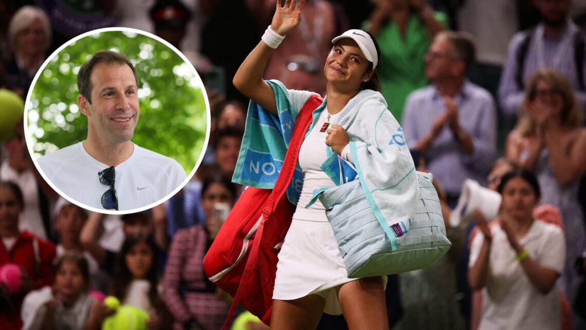 Emma Raducanu waving goodbye to Centre Court during Wimbledon 2025 with an inset of Greg Rusedski