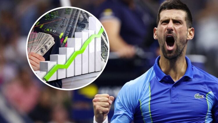 Novak Djokovic (right) celebrates during a tennis match, (left) a stock graph going up with money