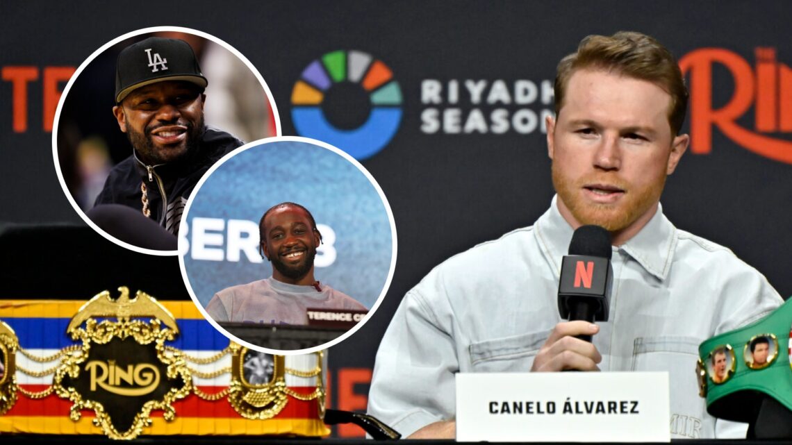 Floyd Mayweather Jr. (top left) sits court-side, Terence Crawford (bottom left) attends press conference, Canelo Alvarez (right) attends press conf...