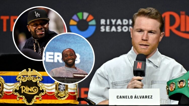 Floyd Mayweather Jr. (top left) sits court-side, Terence Crawford (bottom left) attends press conference, Canelo Alvarez (right) attends press conf...
