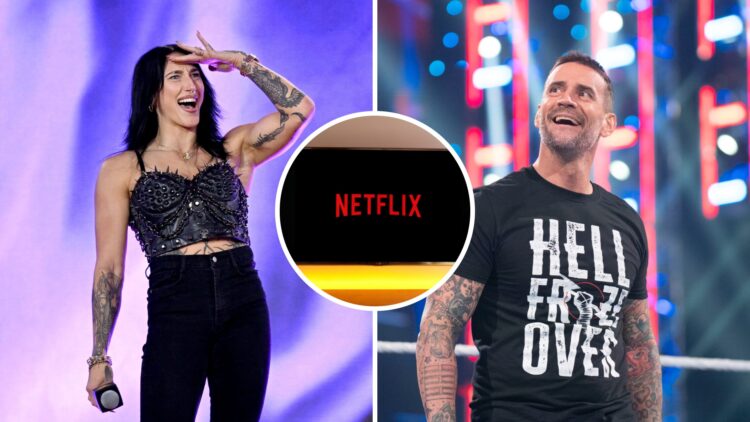 CM Punk during his WWE comeback promo in 2023 and Rhea Ripley at Fanatics Festival