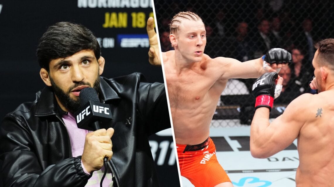 Paddy Pimblett (right) punches Michael Chandler, Arman Tsarukyan (left) is seen on stage during the UFC 311 press conference
