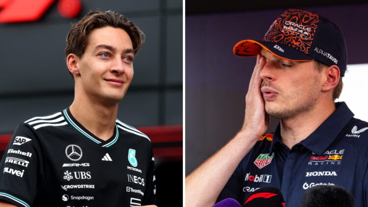 A split image of George Russell and Max Verstappen both looking on after the Belgian Grand Prix