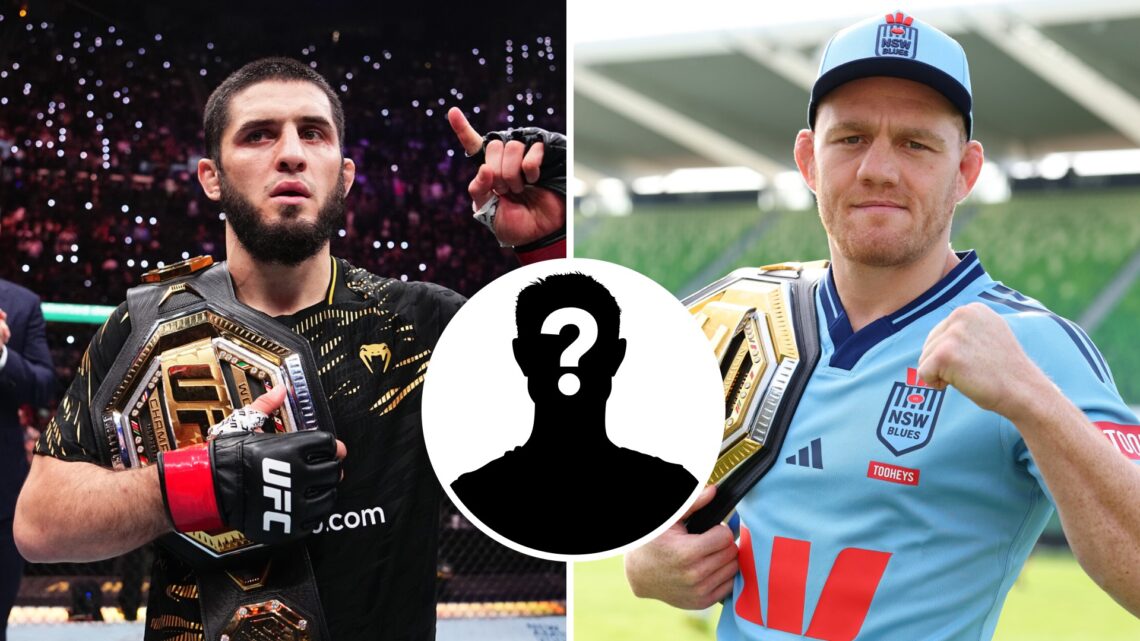 Islam Makhachev (left) poses after Renato Moicano win, Jack Della Maddalena (right) poses during a NSW Blues State Of Origin Training Session