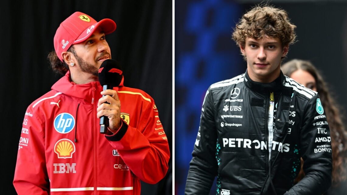 A split image of both Lewis Hamilton and Kimi Antonelli at the F1 Grand Prix of Belgium