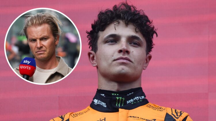 Lando Norris (right) on the podium, and Nico Rosberg (left) on the grid