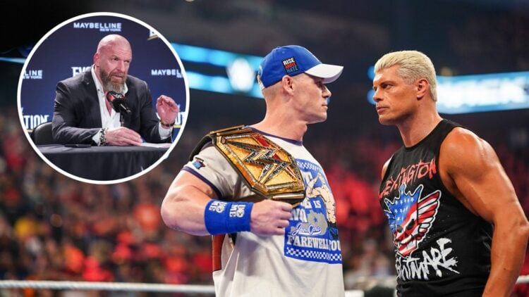 John Cena and Cody Rhodes face to face on WWE SmackDown with an inset of Triple H