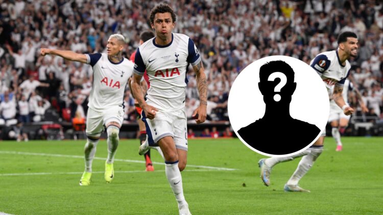 Brennan Johnson celebrates his goal for Tottenham Hotspur in the Europa League final, an inset of a mystery man