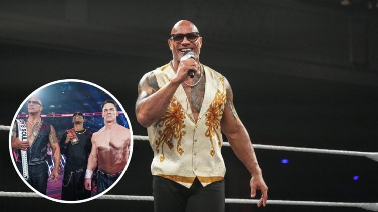 The Rock appearing on WWE NXT with an inset of John Cena, Travis Scott, and The Rock at Elimination Chamber