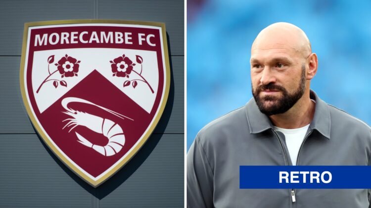 A detailed view of the Morecambe FC badge, Tyson Fury looks on before Soccer Aid 2025 kick off